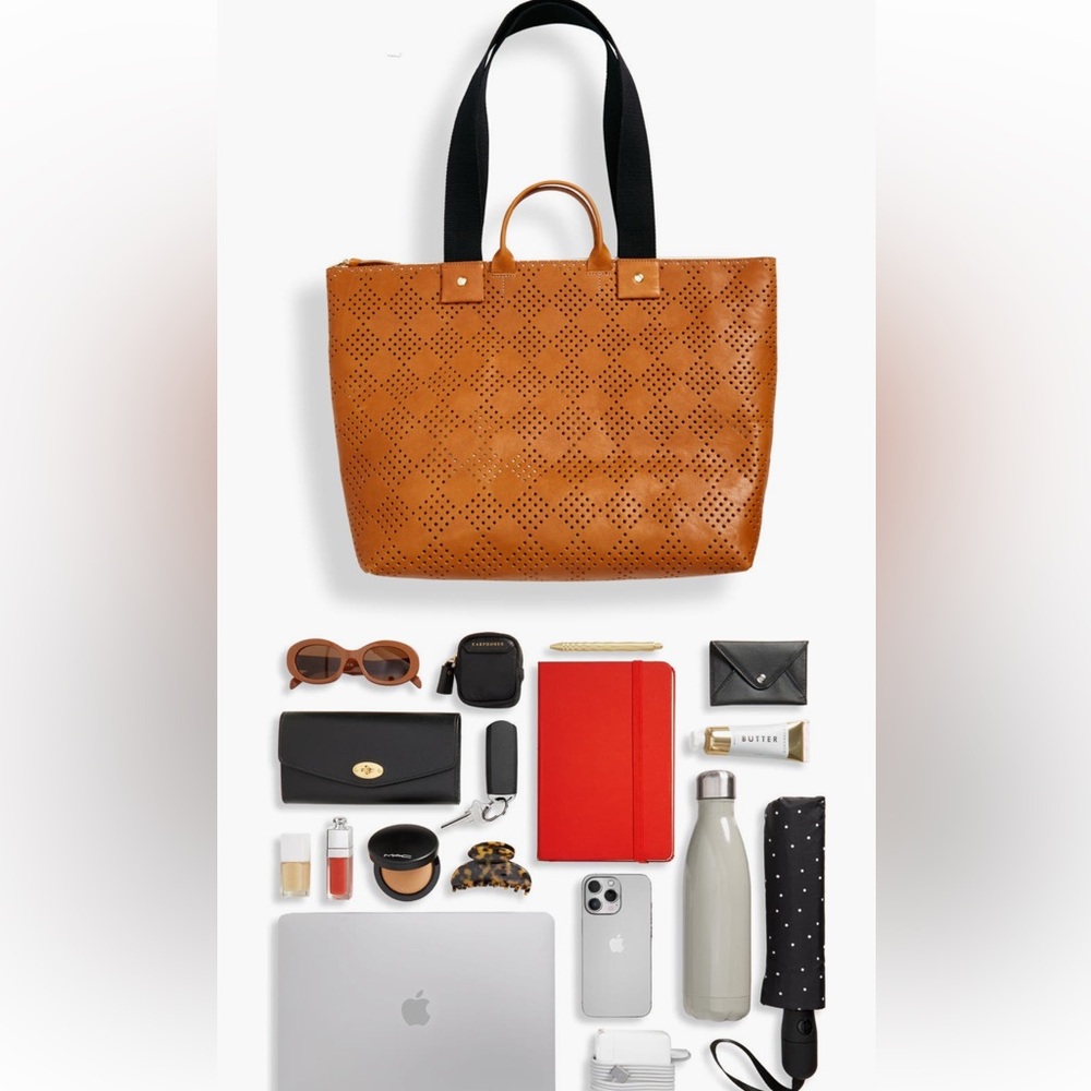 Clare V. Le Zip Sac Perforated Leather Tote in Cuoio Lightweight Checker Perf